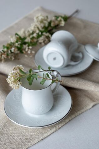 Kütahya Porselen Arte Bianco Tiryaki 6 Parça Kahve Fincan Takımı Platin File - ARTE BIANCO