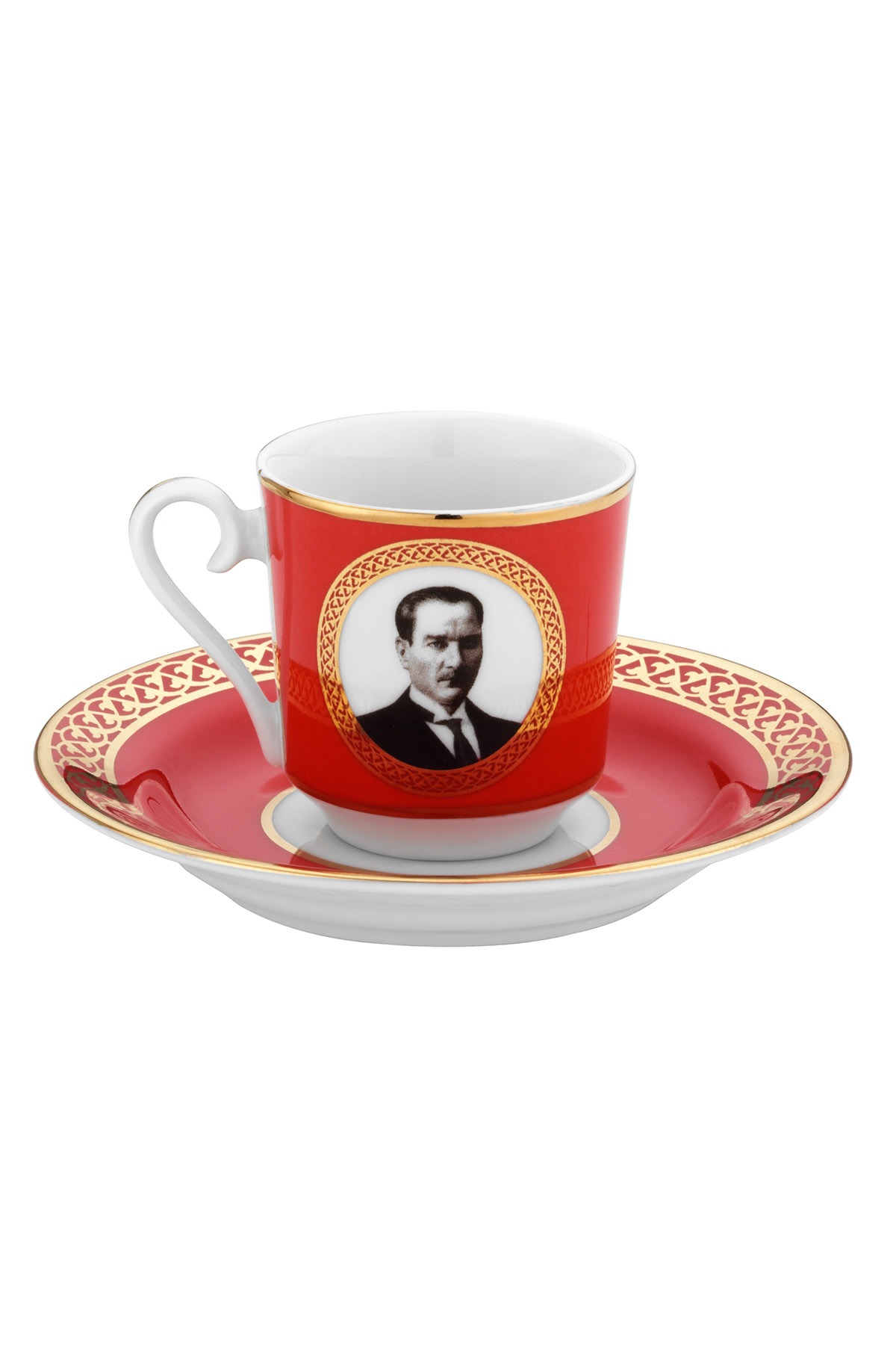 Kütahya Porselen 4 Parça 2 Kişilik Atatürk Kırmızı Kahve Takımı - 1