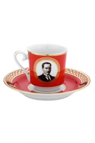 Kütahya Porselen - Kütahya Porselen 4 Parça 2 Kişilik Atatürk Kırmızı Kahve Takımı