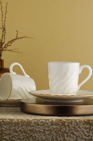 Kütahya Porselen Bone Lilyum 12 Parça 6 Kişilik Kahve Takımı Bakır Fileli - Kütahya Porselen