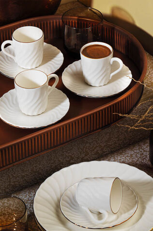 Kütahya Porselen Bone Lilyum 12 Parça 6 Kişilik Kahve Takımı Bakır Fileli - Kütahya Porselen