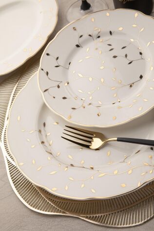 Kütahya Porselen Bone Olympos 56 Parça 12 Kişilik Yemek Takımı Leaves Golden - Kütahya Porselen