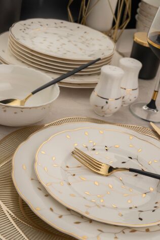 Kütahya Porselen Bone Olympos 56 Parça 12 Kişilik Yemek Takımı Leaves Golden - Kütahya Porselen