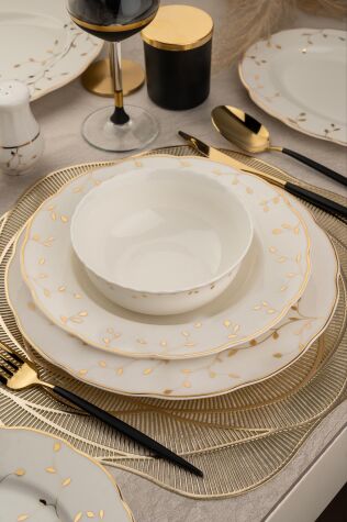 Kütahya Porselen Bone Olympos 56 Parça 12 Kişilik Yemek Takımı Leaves Golden - Kütahya Porselen