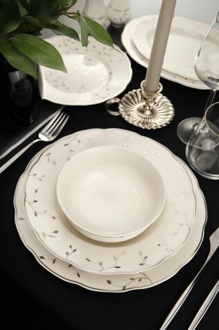 Kütahya Porselen Bone Olympos 56 Parça 12 Kişilik Yemek Takımı Silver Leaves - Kütahya Porselen