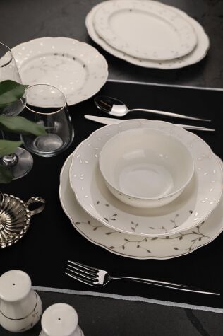 Kütahya Porselen Bone Olympos 56 Parça 12 Kişilik Yemek Takımı Silver Leaves - Kütahya Porselen