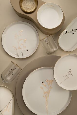 Kütahya Porselen Bone V-Form 27 Parça 6 Kişilik Yemek Takımı Angelica Altın File - Kütahya Porselen