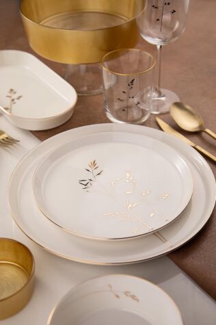 Kütahya Porselen Bone V-Form 27 Parça 6 Kişilik Yemek Takımı Angelica Altın File - Kütahya Porselen