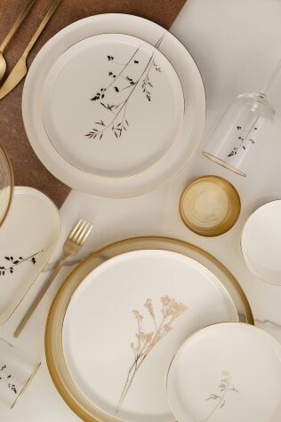 Kütahya Porselen Bone V-Form 27 Parça 6 Kişilik Yemek Takımı Angelica Altın File - Kütahya Porselen