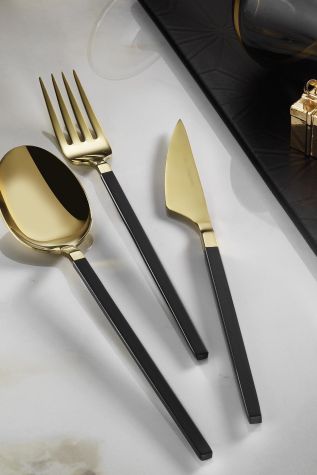 Kütahya Porselen - Kütahya Porselen Noma 18 Parça 6 Kişilik Çatal Kaşık Bıçak Seti Gold-Siyah